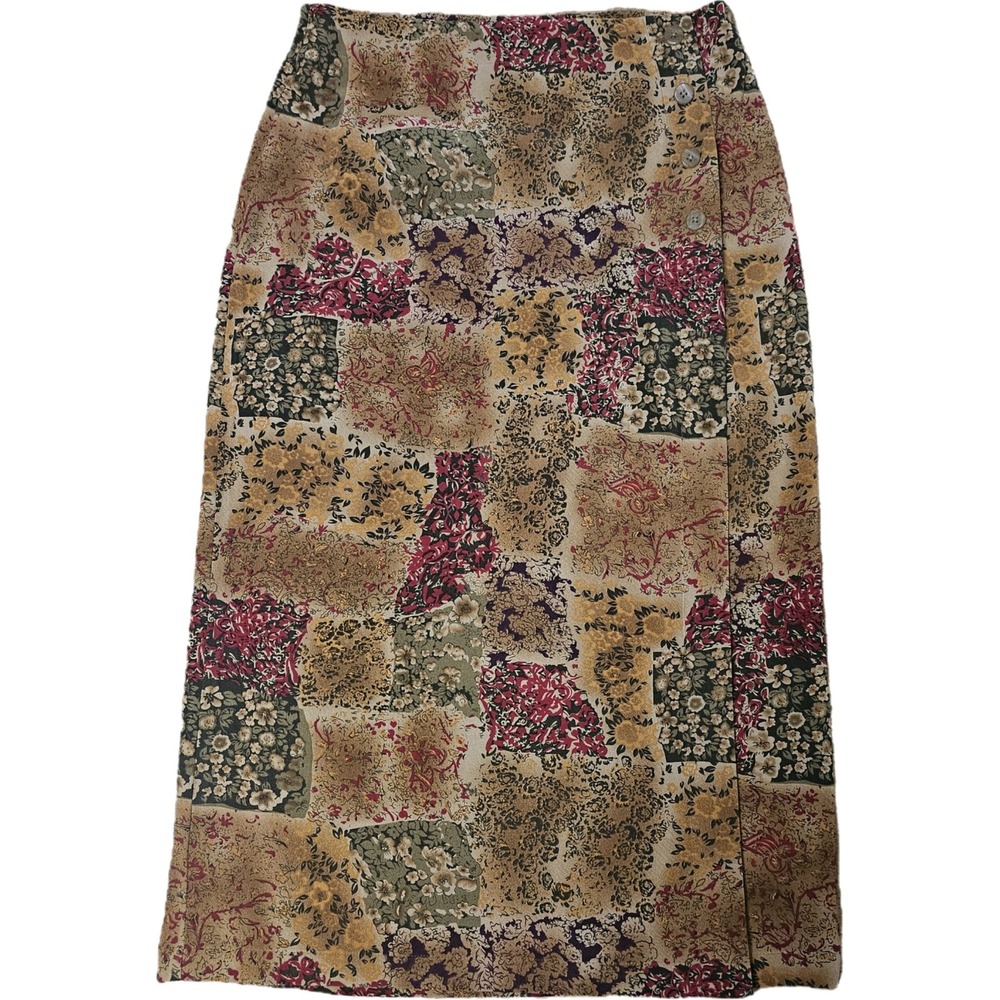 Coldwater Creek Midi Wrap Skirt Sz PM Brown Floral Patchwork Cottagecore Earthy